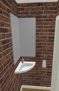 cad rendering of bathroom remodel with exposed brick