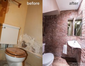 remodeled bathroom before and after featuring exposed brick
