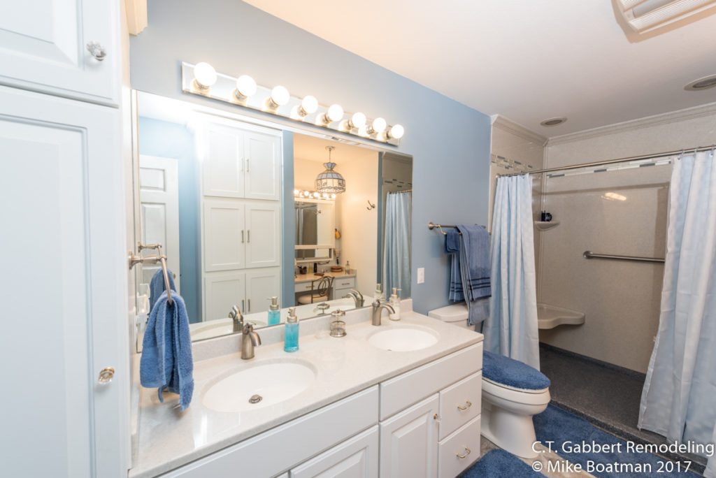 fresh pale blue and white bathroom remodel