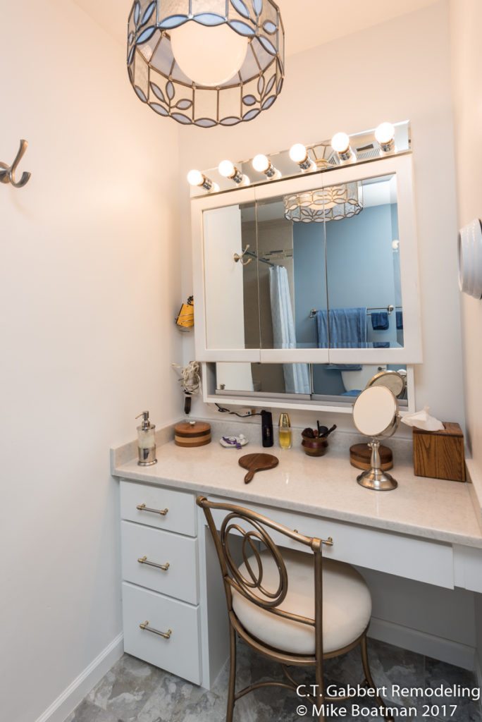make up vanity in white in bathroom remodel