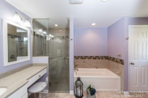 walk in shower and soaking tub in lavender bathroom