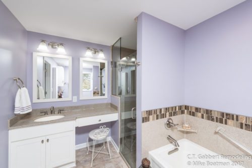 lavender spa like bathroom with soaking tub and makeup counter