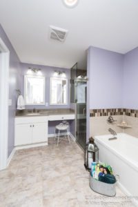 soft alvendar walls with tile backsplash in spa like bathroom