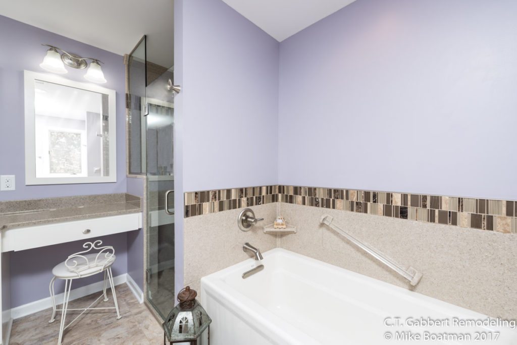 purple bathroom suite with deep bathtub