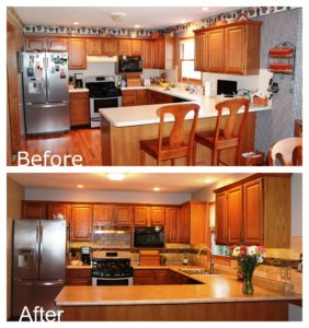 laminate countertops with new backsplash in updated kitchen