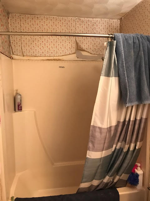 old wall paper in shower before remodel