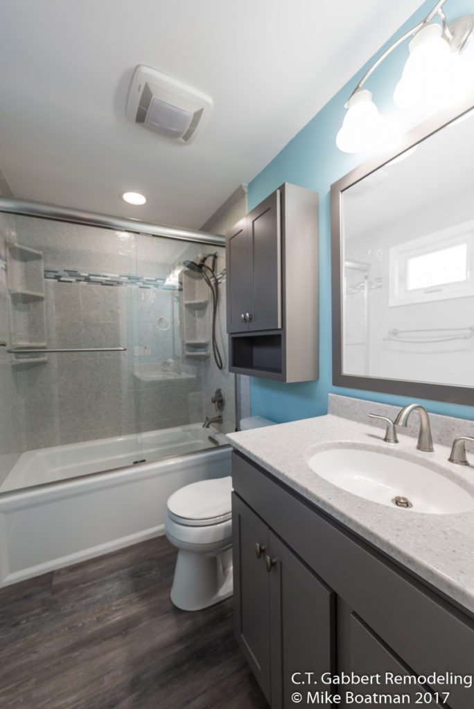 fresh blue paint in bathroom with grey finishes