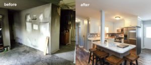 ash burned kitchen to new bright kitchen