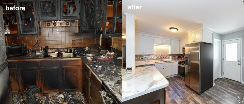 before fired burned kitchen and after remodeled kitchen