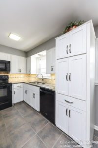 floor to ceiling white pantry cabinets in high contrast kitchen