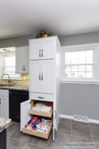 roll out trays in floor to ceiling cabinets in gray and white kitchen