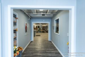 entry hallway with blue gray walls entering into flower cooler