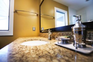 warm quarts countertops with brown accents