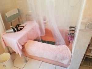 pink bathtub before standing shower upgrade
