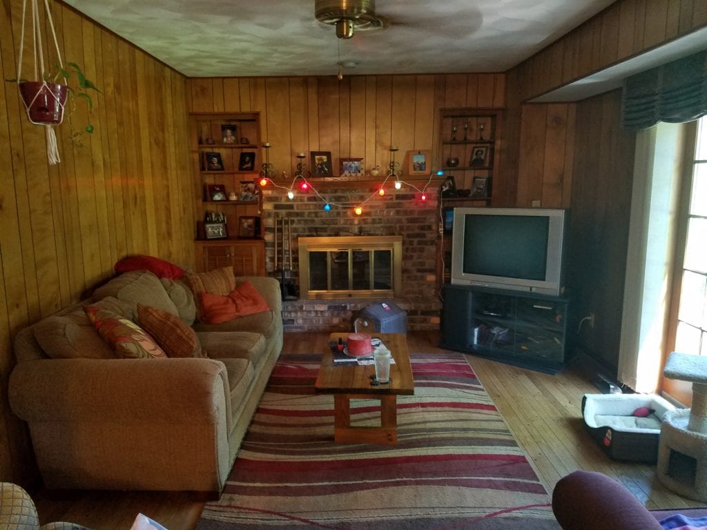 wood paneling and fireplace in living room