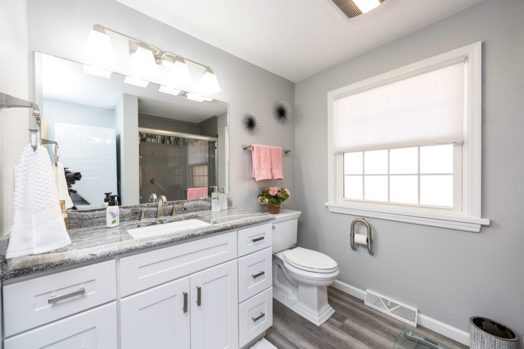 white and grey modern bathroom remodel