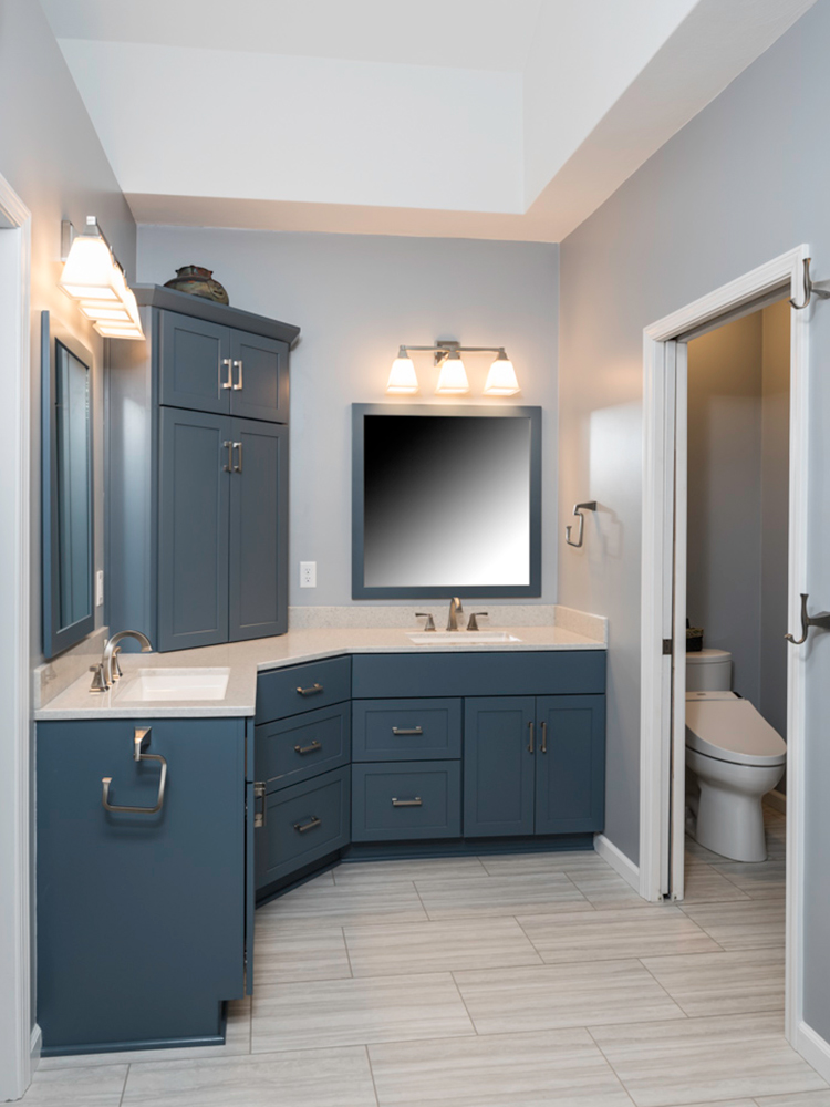 Modern Bathroom with Blue Cabinets
